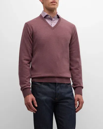 Neiman Marcus Men's Cashmere V-neck Sweater In Mulberry