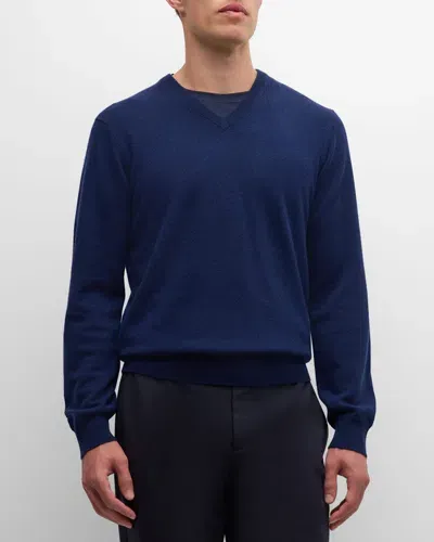 Neiman Marcus Men's Cashmere V-neck Sweater In Neptune