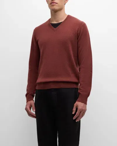 Neiman Marcus Men's Cashmere V-neck Sweater In Terracotta