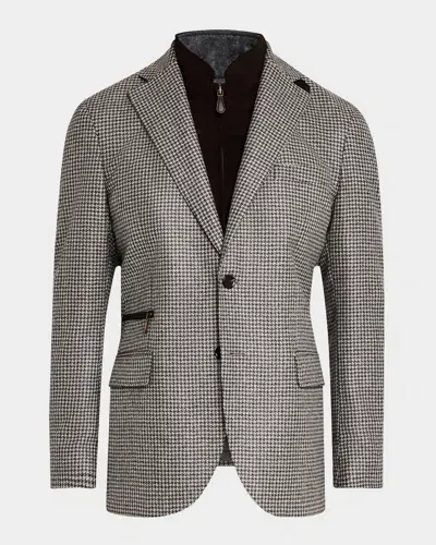 Neiman Marcus Men's Houndstooth Sport Coat With Suede Vest In Medium Grey