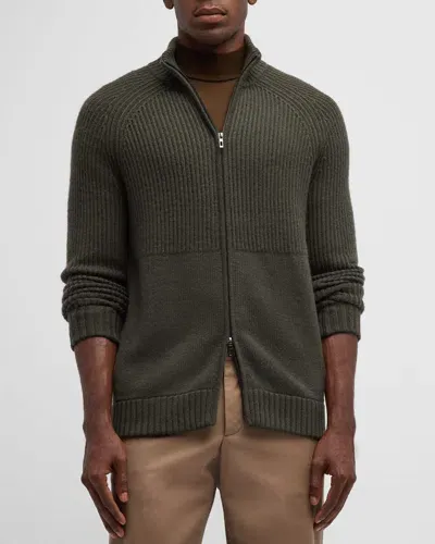 Neiman Marcus Men's Mixed Rib Full-zip Sweater In Loden