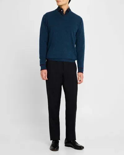 Neiman Marcus Men's Recycled Cashmere V-neck Sweater In Denim Blue