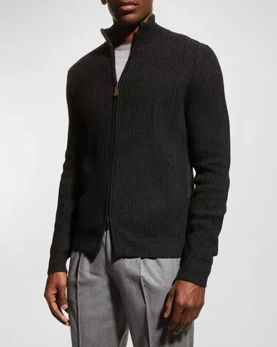 Neiman Marcus Men's Ribbed Full-zip Cashmere Sweater In Charcoal