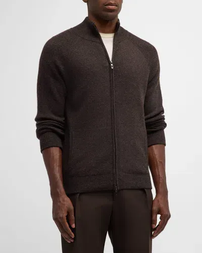 Neiman Marcus Men's Ribbed Full-zip Sweater In Cinder