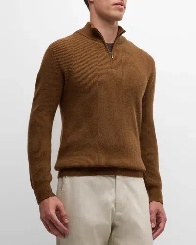 Neiman Marcus Men's Ribbed Quarter-zip Sweater In Sable