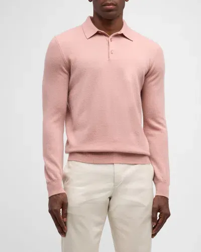 Neiman Marcus Men's Solid Cashmere Polo Sweater In Clay