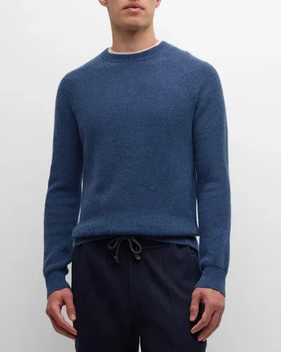 Neiman Marcus Men's Waffle Stitch Cashmere Sweater In Azure