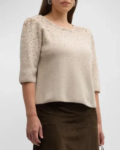 Neiman Marcus Cashmere Pullover With Ombre Sequin Details In Beige