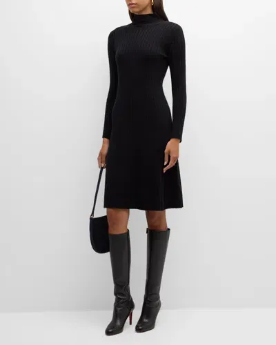 Neiman Marcus Ribbed Mock Neck Cashmere Dress In Black