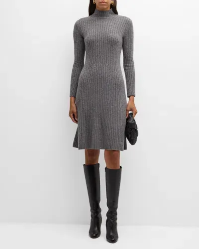 Neiman Marcus Ribbed Mock Neck Cashmere Dress In Heather Grey