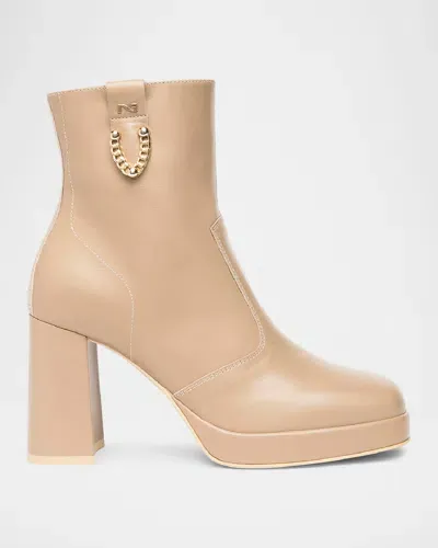 Nerogiardini Calfskin Chain Platform Booties In Beige/khaki