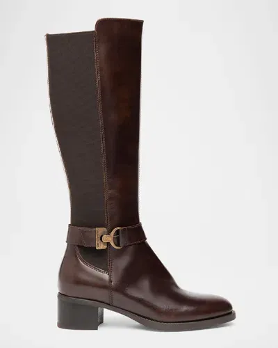 Nerogiardini Leather Stretch Buckle Knee Boots In Brown