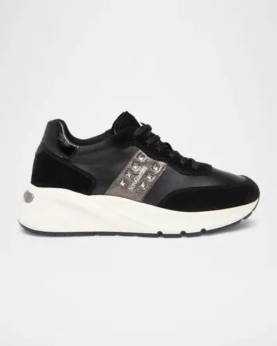 Nerogiardini Studded Mixed Leather Runner Sneakers In Black