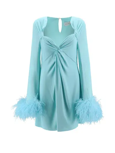 Nervi Dress With Natural Feathers With Knot On The Front In Blue