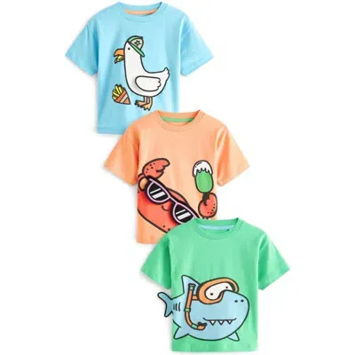 Next Kids' Assorted 3-pack Cotton Graphic T-shirts In Blue/orange/green Assorted