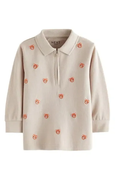 Next Kids' Bear Embroidered Long Sleeve Half Zip Cotton Polo In Neutral Bears