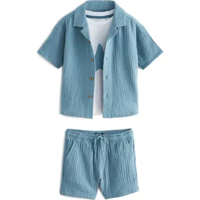 Next Kids' Cotton Camp Shirt, Shorts & Graphic T-shirt Set In Blue