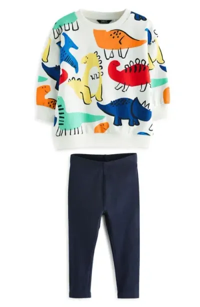 Next Kids' Dinosaur Print Cotton Sweatshirt & Leggings Set In White