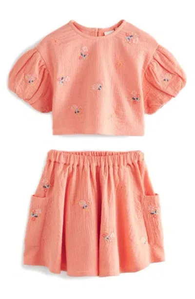 Next Kids' Embroidered Cotton Double Cloth Top & Skirt Set In Coral