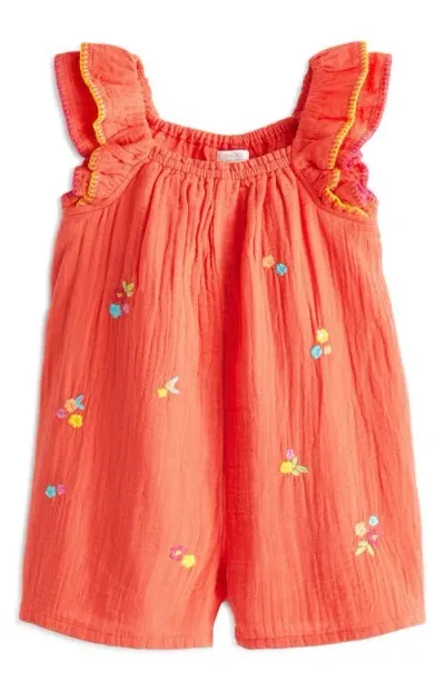 Next Kids' Embroidered Flutter Sleeve Cotton Romper In Coral