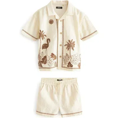 Next Kids' Flamingo Print Camp Shirt & Shorts Set In Cream