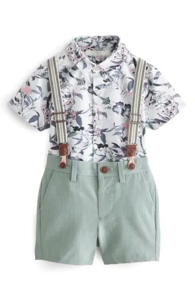 Next Kids' Floral Button-up Shirt, Shorts & Suspenders Set In Blue