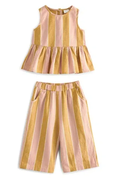 Next Kids' Stripe Sleeveless Cotton & Linen Peplum Top & Pants Set In Ochre Pink Stripe