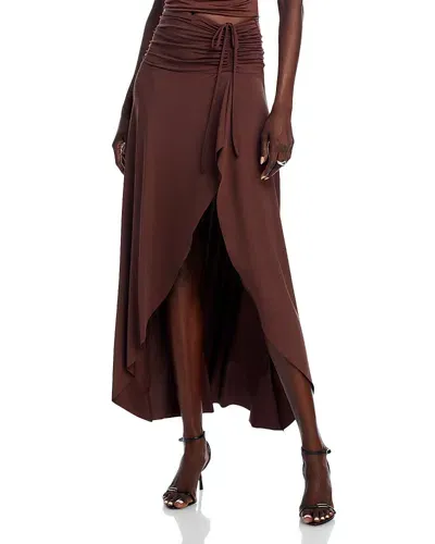 Nia Eucalyptus Ruched High Low Slim Fit Stretch Skirt In Nutshell