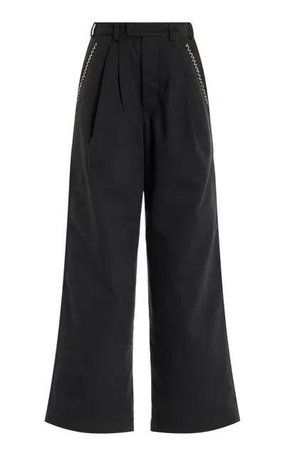 Nia Thomas Lorenzo Pleated Embroidered-cotton Wide-leg Trousers In Black