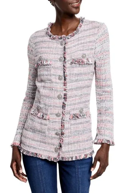 Nic + Zoe Nic+zoe Plaid Fringe Cotton Blend Jacket In Pink Multi