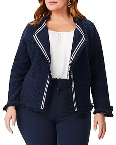 Nic+zoe Plus Ribbon Trim Fringe Mix Knit Jacket In Dark Indigo