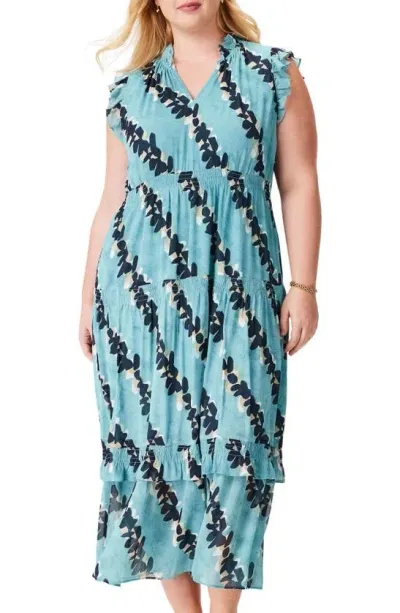 Nic + Zoe Rolling Reef Ruffle Trim Maxi Dress In Aqua Multi