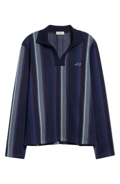 Nicholas Daley Stripe Long Sleeve Johnny Collar Polo In Navy/chocolate