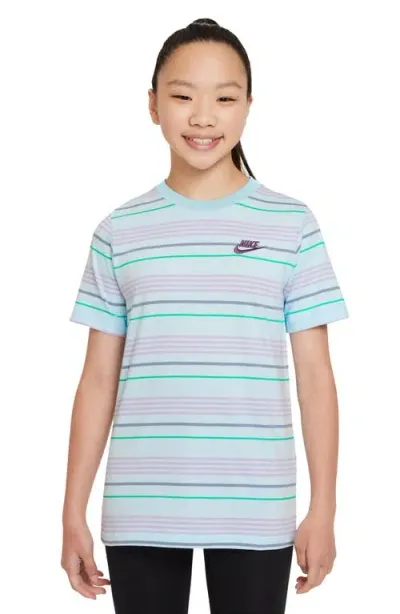 Nike Kids' Sportswear Stripe Cotton Logo T-shirt In Glacier Blue/ashen Slate