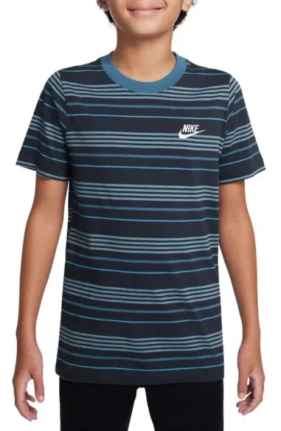 Nike Kids' Sportswear Stripe Cotton Logo T-shirt In Obsidian/industrial Blue