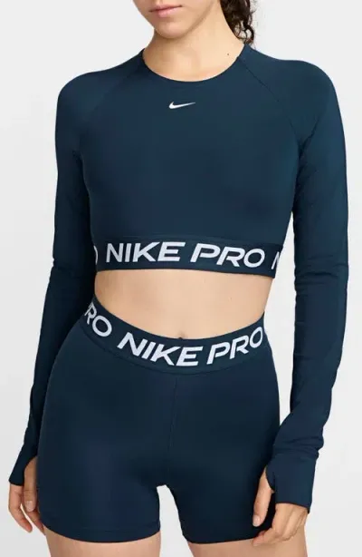 Nike Pro 365 Dri-fit Long Sleeve Crop Top In Armory Navy/black/white