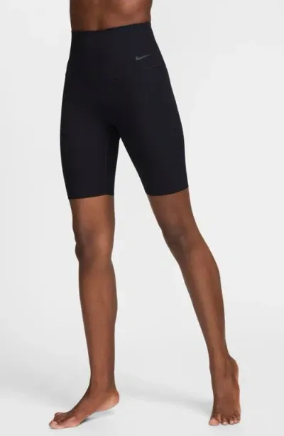 Nike Zenvy Dri-fit High Waist Rib Bike Shorts In Black/black