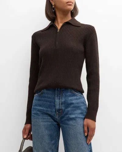 Nili Lotan Braxton Zip-front Polo Rib Sweater In Dark Brown