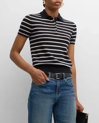 Nili Lotan Leanna Cashmere Striped Polo Shirt In Dark Navy/ivory Stri