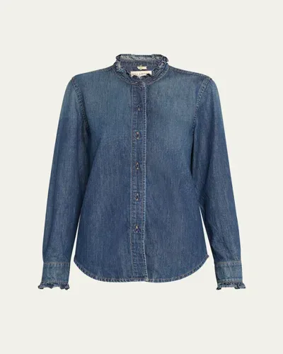 Nili Lotan Lydia Denim Button-front Shirt With Ruffle Trim In Classic Wash