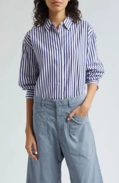 Nili Lotan Yorke Stripe Oversized Poplin Button Down Shirt In Dark Navy White