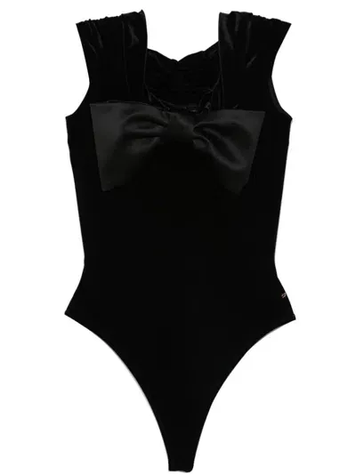 Nissa Bow-detail Velvet Bodysuit In Black