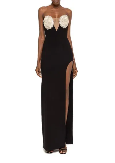 Nissa Floral-appliqué Crystal-embellished Maxi Dress In Black