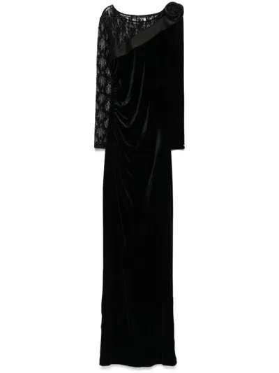 Nissa Lace-insert Velvet Maxi Dress In Black