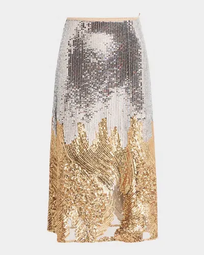 No Pise La Grama Elena Sequined Midi Skirt In Silver And Gold Sequin