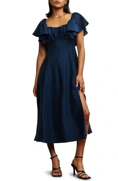 Nobody's Child Dove Tie Back Ruffle Sleeve Midi Dress In Navy