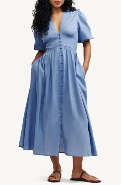 Nobody's Child Starlight Puff Sleeve Button-up Maxi Dress In Blue