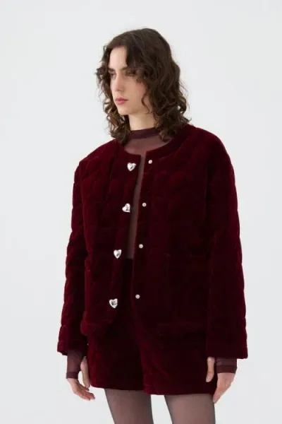 Nocturne Collarless Quilted Jacket In Burgundy