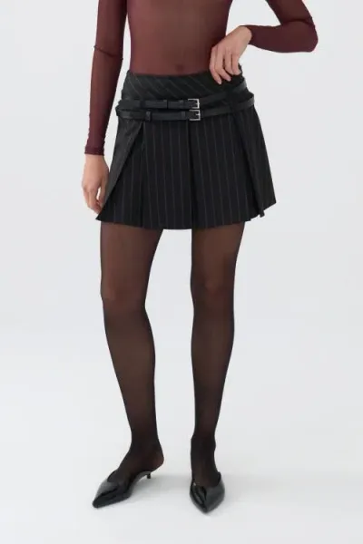 Nocturne Double Belted Pleated Mini Skirt In Black