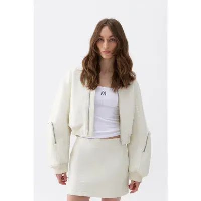 Nocturne Faux Leather Bomber Jacket In Ivory